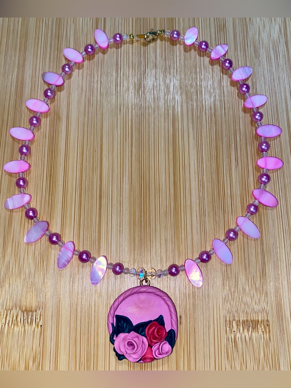 Pink Mother of Pearl & Faux Pearl Rose Pendant Necklace handcrafted